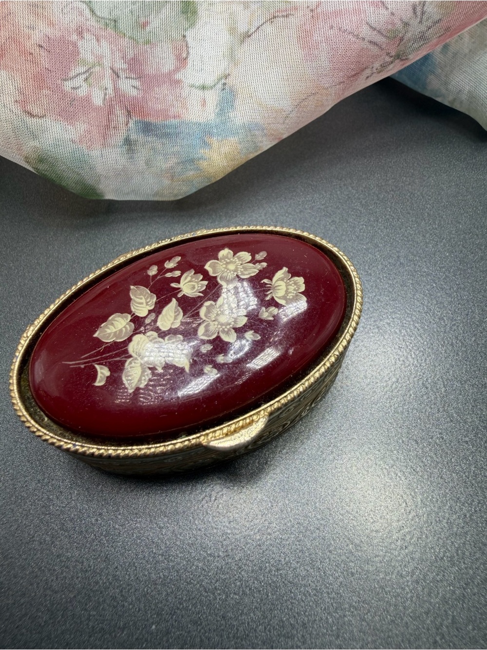 Vintage Floral Trinket Box Jewelry Case in Deep Burgundy